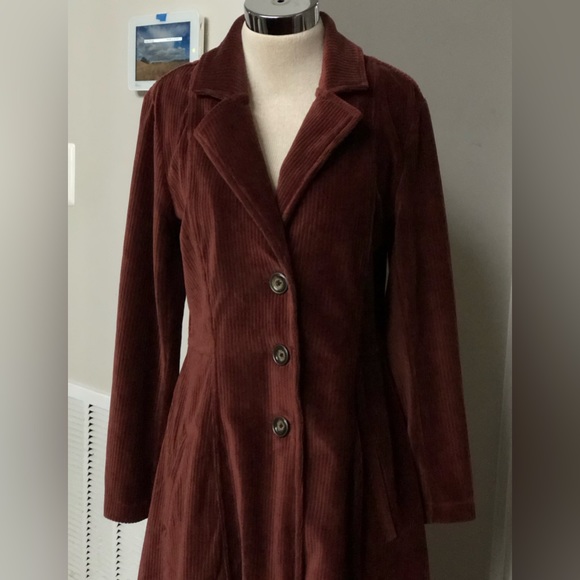 Burgundy Lace Trim Hem Soft Corduroy Dress Coat Sz M - Picture 4 of 8